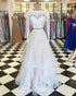 Light Champagne Lace Tulle Prom Dresses with Full Sleeve 2018 Two Piece Prom Party Gowns Ruffles